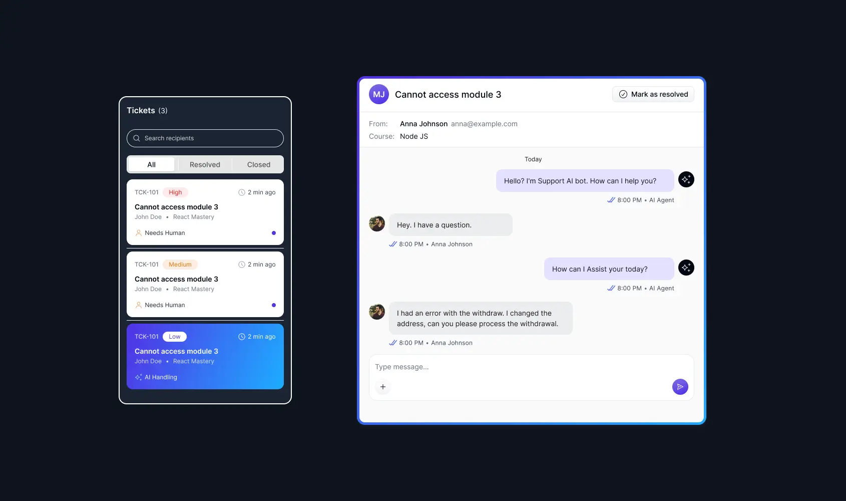 Support Agent AI dashboard showing automated student support ticket management and live chat assistance.