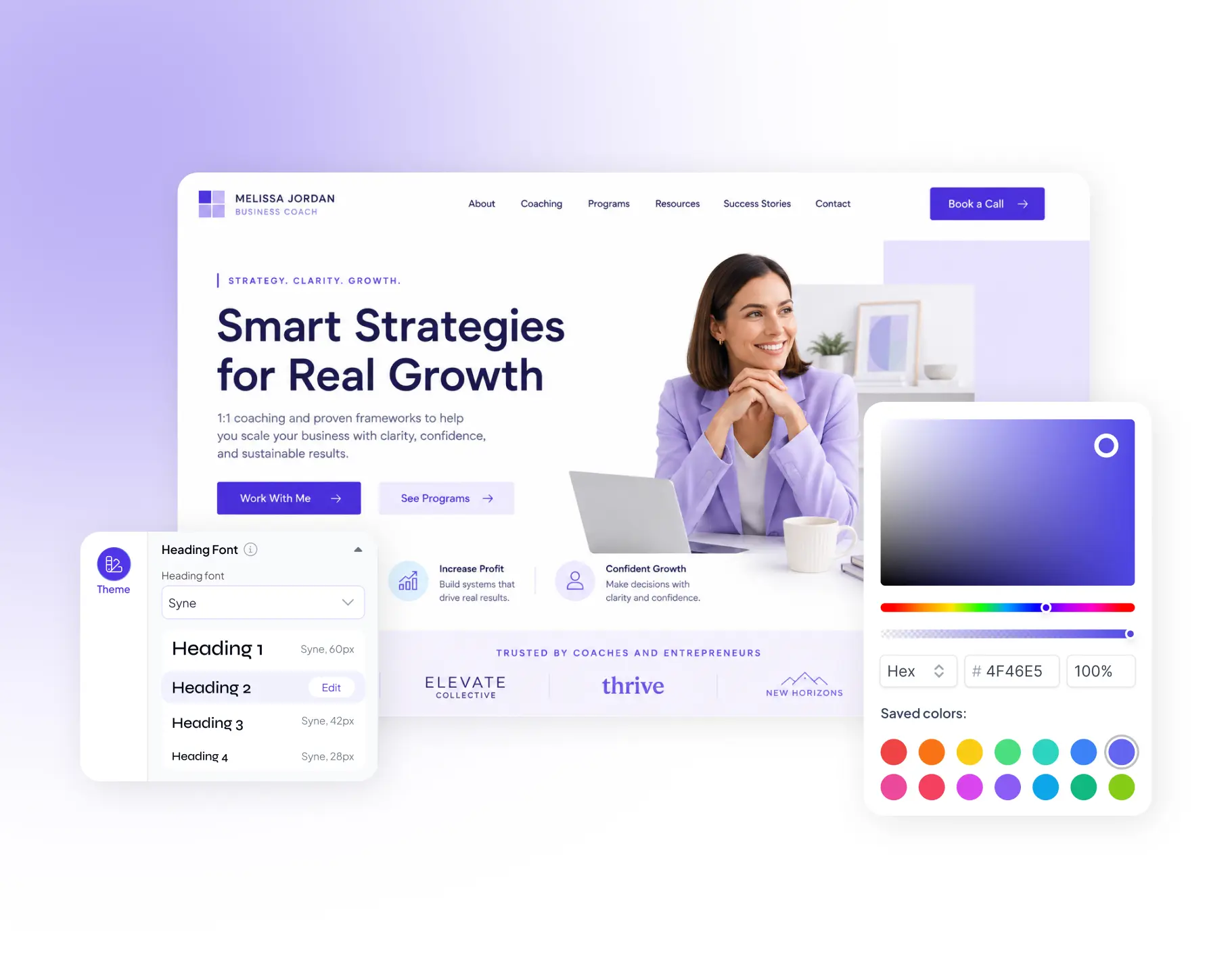 Business coaching website with customizable branding, colors, and page design