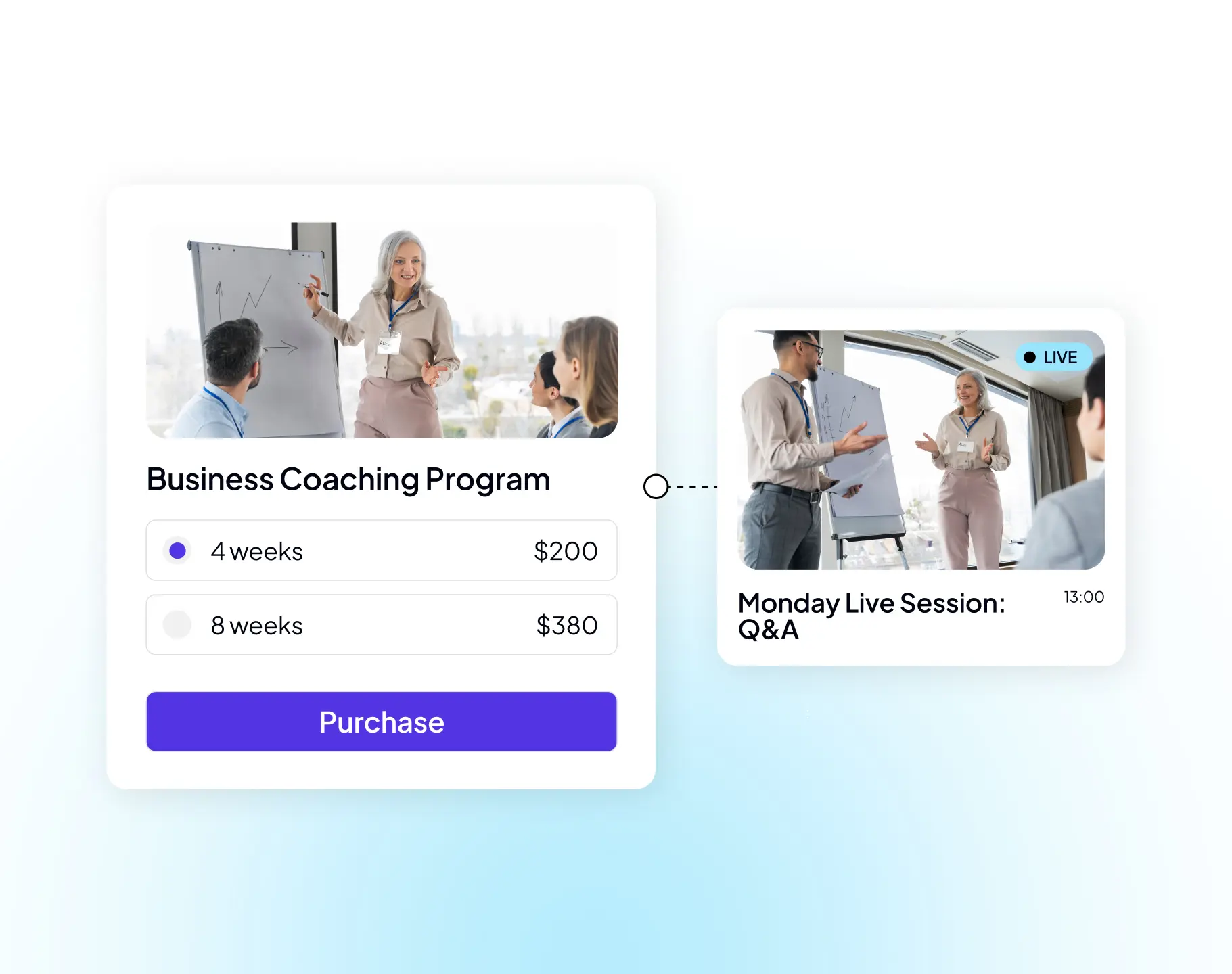 Business coaching offers and digital products displayed in an online sales platform