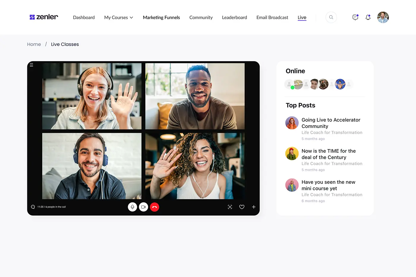 Zenler live video session dashboard for creators and educators